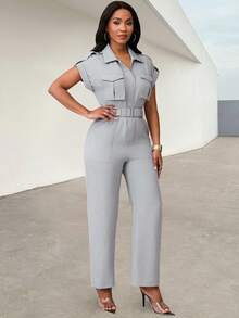 Women's Solid Color Batwing Sleeve Utility Pocket Casual Jumpsuit - Grey - View 1