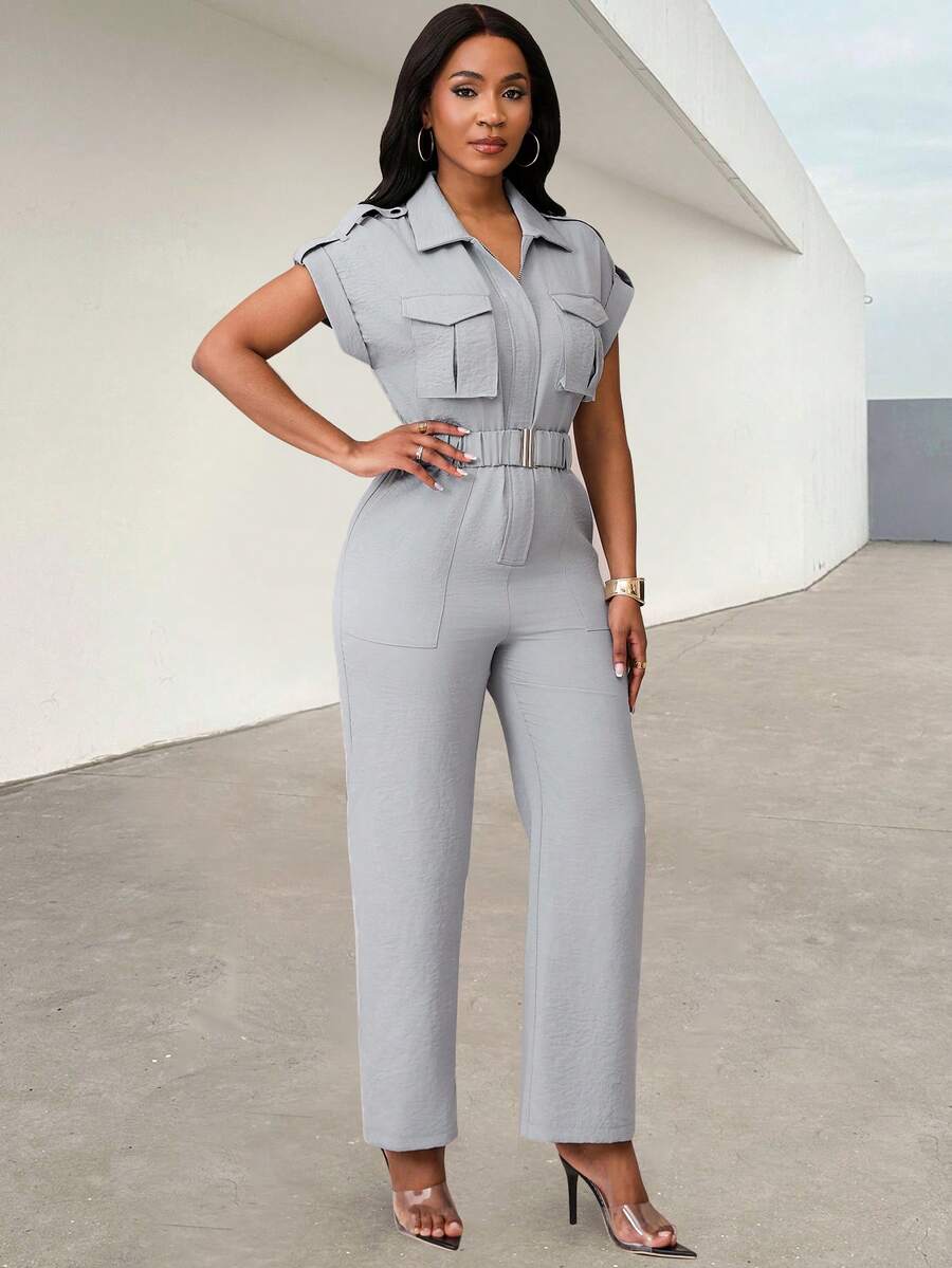Women's Solid Color Batwing Sleeve Utility Pocket Casual Jumpsuit - Grey - View 1
