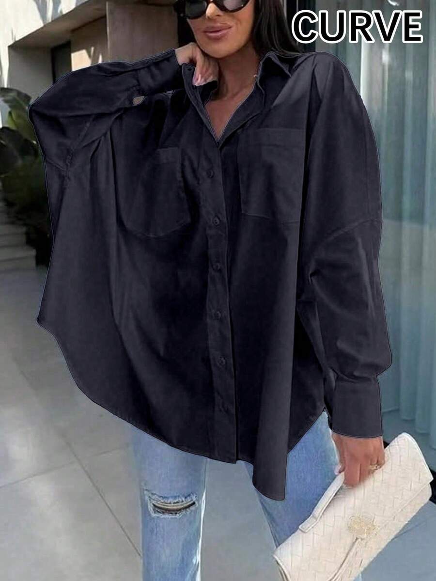 Camisa de botones con cuello de unicolor para mujer talla grande, color negro, primavera