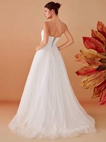 Elegant Contrast Mesh Sleeveless Tube Wedding Dress White Elegant Bridal Dress For Summer Wedding,Bride - White - View 2