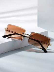 1pc/2pcs Women's Frameless Square Gradient Color Fashion Glasses For Everyday Use For Summer Beach Vacation,Outdoor,Travel - Gold Frame Double Tea - View 2