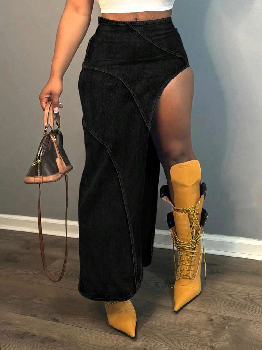 Women's Solid Color High Slit Tight Denim Skirt - Black - View 1