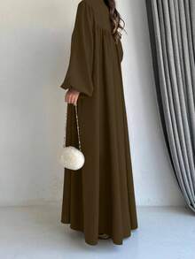 Women's Elegant Fairy Style Single-Breasted Lantern Sleeve Long Dress, Arabian Style, Spring - Coffee Brown - View 6
