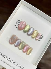 Summer New Handmade Press-On Elliptical Artificial Nails Rainbow Glass Bead Cat Eye Design Nail Art Supplies - Multicolor - View 3