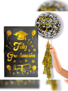 Globo Burbuja Cristal Decorativo Personalizado Con Stickers Pegatinas Mi Graduación Arreglo para Ceremonias de Graduación con Borlas de Papel Metálico GRUPO CARNAVALLIA - Dorado - Ver 1