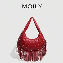 Street Punk Fringe Studded Underarm Bag - Burgundy - View 8