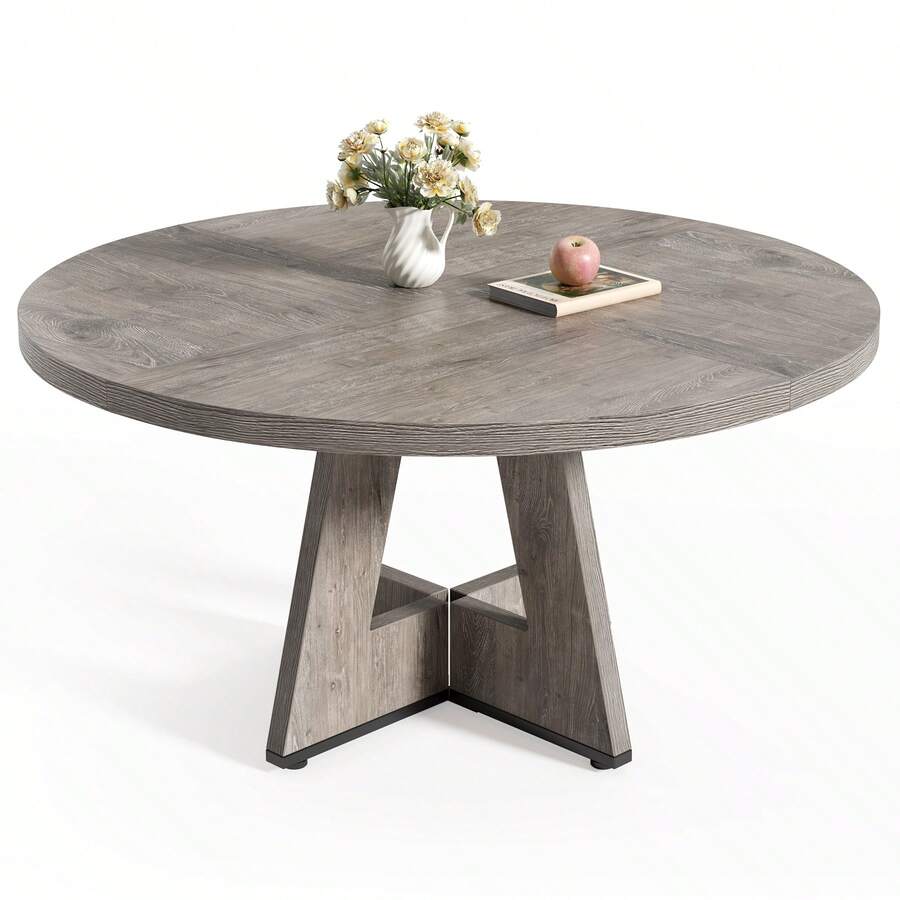 LITTLE TREE Round Dining Table Kitchen Table, 120 Cm Dining Room Tables For 4 People, Farmhouse Dinner Table With Wooden Table Top And Legs (Only Table) - Gris - Ver 1