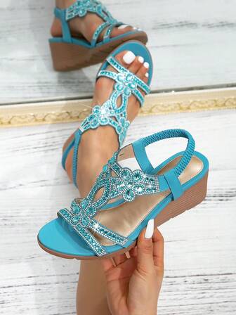 Sandalias de cuña con plataforma de estilo nuevo para mujer - Estilo bohemio retro con tiras elásticas de cristal, estilo romano - Apropiadas para vacaciones