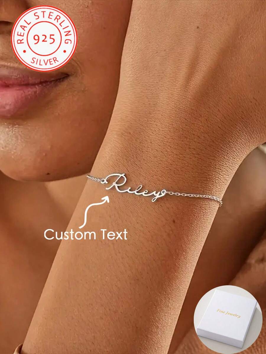 Pulsera de plata de ley 925 con nombre en inglés, simple y elegante, adecuada como regalo del corazón para el Día de la Madre, San Valentín y otras festividades para familiares y amigos cercanos