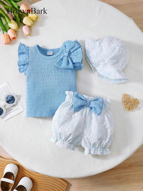 BrownBark Babymeisjes casual shorts set, babymeisjes schattige strik top met textuur + shorts + hoed 3-delige outfit, dagelijks te dragen | Speels ontwerp | Polyester, vlinderpatroon, geschikt voor zomeruitjes