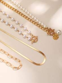 4 pièces Set Collier et Bracelet Chaîne Dorée Élégante Décorés avec Perles Imitation - Bijoux en Métal Polyvalents Conviennent pour un Port Quotidien