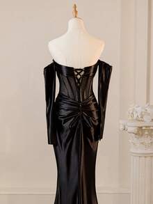 Elegantes, schickes Damen Off-Shoulder Meerjungfrau-Schnitt Enges Langes Kleid, Formelles Abendkleid für Bankette, Partys, Proms, Winter, abnehmbare Ärmel - Schwarz - Übersicht 9