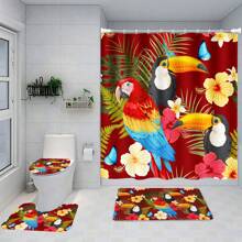 [Popular Choice] 1pc/4pcs Bathroom Shower Curtain Set, Bathroom Decor, Bathroom Mat, Featuring Parrot, Macaw, Tropical Plants, Poodle Patterns, Four Seasons Themed Decoration, Classic Luxury Style Bathroom Accessories, Includes 12 Hooks Fall Decor Back To School