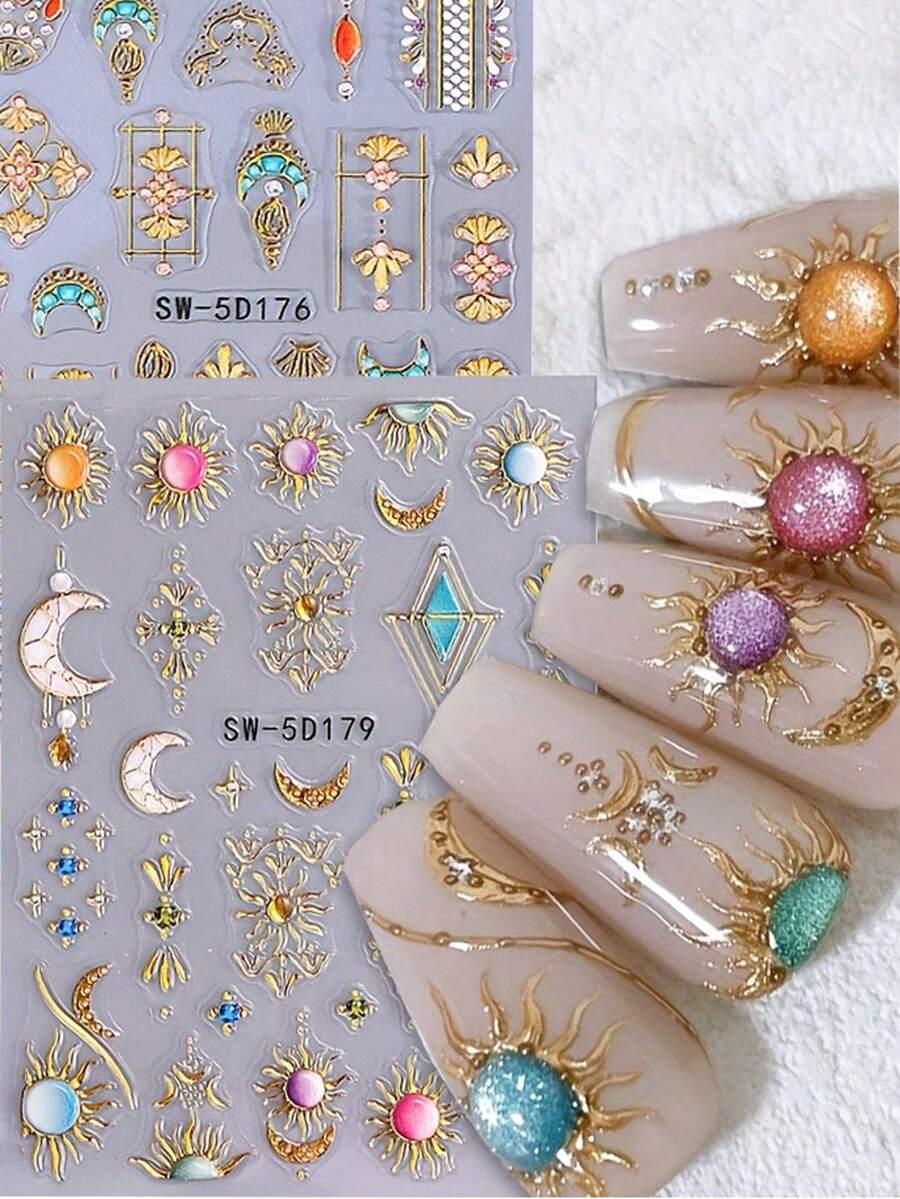 2 件 5D 金属波西米亚浮雕指甲贴纸，彩虹金色太阳宝石图形蕾丝珐琅项链月亮设计 DIY 全息雕刻自粘凝胶抛光贴花滑块美甲装饰沙龙美甲用品