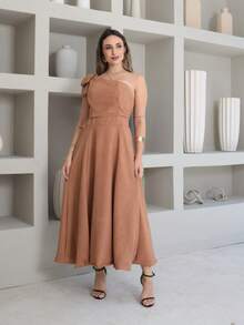 Helena Luxury Dune Linen Midi Dress With Bow On The Sleeve - 卡其色 - 查看 3