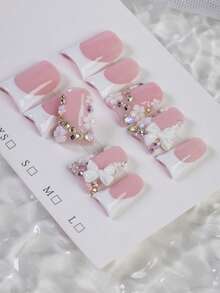 10pcs Y2K Pink & White French Manicure Fake Nails, Bow Design, Rhinestone Decor, Small White Flower Accent, Suitable For Daily, Wedding, Party, Holiday Outfits, Great Gift For Women And Girls Nail Supplies - Pink - View 2