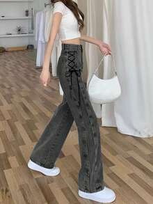 女款高腰直筒宽松阔腿牛仔裤，显瘦又修长 - 灰色 - 查看 4