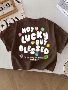 年轻男孩休闲可爱幸运涂鸦字母印花圆领 T 恤，夏季风格 - 咖啡棕 - 查看 1