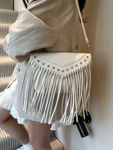 时尚复古皮革斜挎包，波西米亚风格单肩包，流苏铆钉十字装饰方形钱包休闲斜挎包，适合旅行和日常使用，便携式商务工作挎包单肩包流浪汉流苏斜挎包小手提包