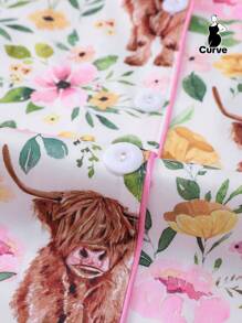 2 Pieces Set Highland Cow Print Women Plus Size Sleepwear Set, Including Soft Short Sleeve Collared Button Shirt Top And Elastic Waist Loose Shorts, Stylish Loungewear For Holiday Party, Home & Outdoor Casual Use