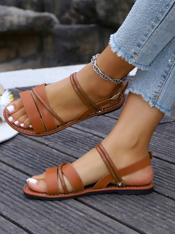 Women's Fashion Elegant Casual Button Sandals, Outdoor Beach, Stylish Roman Flat Sandals, Non-Slip Wear-Resistant, Women's Flat Sandals, Fashion & Comfortable, Simple Strap Flat Sandals