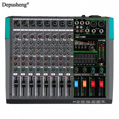 DEPUSHENG Mezclador de audio profesional Depusheng PA8, consola de sonido de 8 canales, interfaz de sistema de consola de mezcla para DJ, reverberación 256 integrada