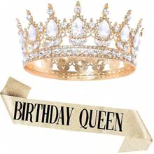 Kit de fiesta de cumpleaños con rhinestones, corona de oro tipo tiara, faja de "Reina de Cumpleaños" para mujeres, accesorios para el cabello de feliz cumpleaños, regalos para baile de promoción, decoraciones