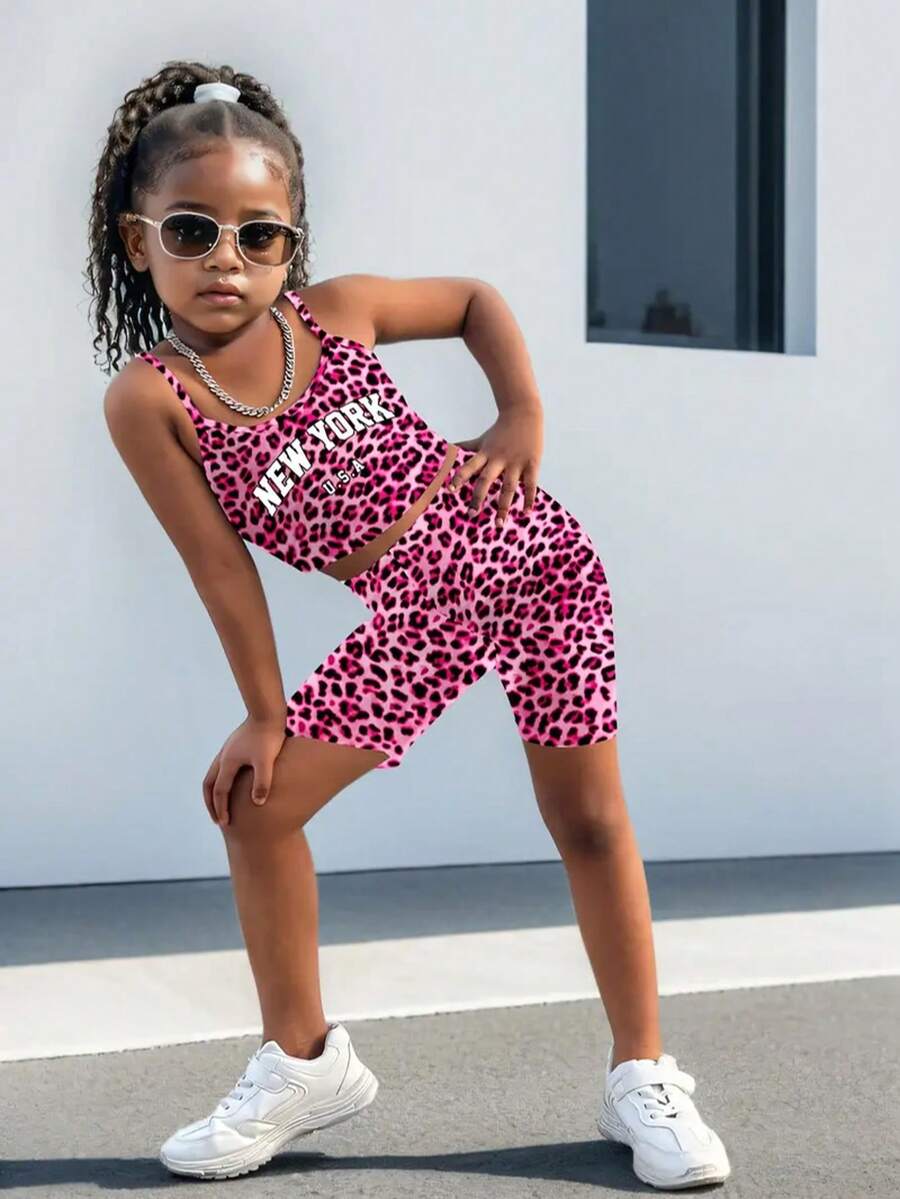 2pcs Outfit With Leopard Print Tank Top And Cycling Shorts For Outdoor - Hot Pink - View 1