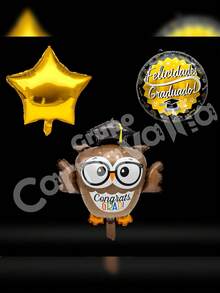 Kit de 5 Globos Metálicos de Graduación Buhito Graduado Fiesta de Graduación Prom GRUPO CARNAVALLIA - Negro - Ver 9