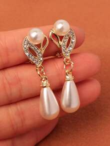 European And American Fashion Full Drill Water Drop Shape Pearl Clip-On Earrings And Earring Set For Women's Party, Bridal Earrings In Gold And Silver, Sold As Pair - Gold - View 4