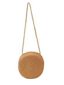 2pcs/Set Women's Khaki Wave Straw Sun Hat & Crossbody Straw Tote Bag, Suitable For Daily, Beach, Travel - Khaki - View 2