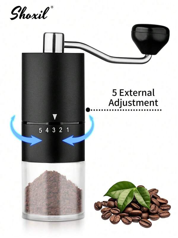 shoxil 1 Stück manueller Kaffeemühle, tragbare Kaffeemühle, Kaffeebohnenmühle, Fassungsvermögen 28g Kegelmahlwerk mit externem justierbarem Mahlgrad