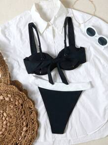 Nuovo arrivo Stile europeo e americano Set bikini in colore unito sexy a contrasto, adatto per vacanze