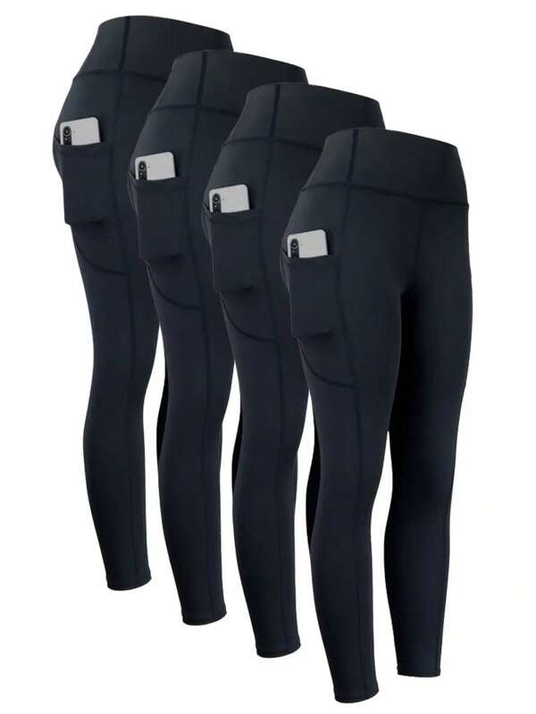 4 piezas de Mallas de yoga de talle alto - unicolor, pitillo, con bolsillos - Ropa deportiva para mujer