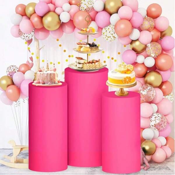 3pcs Elastic Cylinder Cover Set For Party Decor, Includes White Round Pedestal Base Cover, Spandex Cylinder Covers, Suitable For Bridal Shower Decor