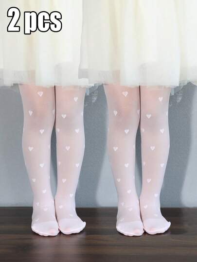 2pcs Baby Girls High Elasticity Heart-Shaped Thin Pantyhose Suitable For All Seasons, Can Be Worn Outerwear