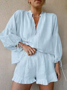 Women Linen Set Puff Long Sleeve V Neck Front Tie Shirt  Ruffle Boxer Shorts Set 2 Piece Lounge Sets Y2K Tracksuit - Blue - View 1