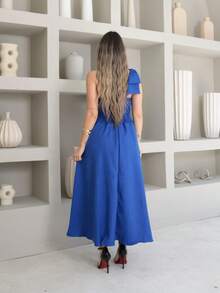 Helena Luxury Dune Linen Midi Dress With Bow On The Sleeve - Royal Blue - View 4