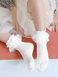 1/5 pares de calcetines blancos con volantes y encaje para niñas, calcetines de malla transpirables de estilo princesa, regalo para la escuela/recital de baile/cumpleaños en primavera/verano - Blanco - Ver 3