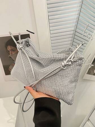 Fashion Rhinestone Embellished Large Capacity Casual Shoulder Tote Bag, Chic And For Summer Commuting