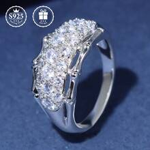 1 pieza Anillo de mujer de banda ancha brillante de plata S925 con detalles de bambú y Moissanita, elegante de lujo de alta gama, ideal para boda, fiesta, regalo del Día de la Madre