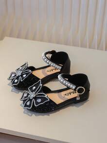 Kids Fashion Elegant Rhinestone Beaded Bow Decor Princess Flat Shoes - Black - View 1