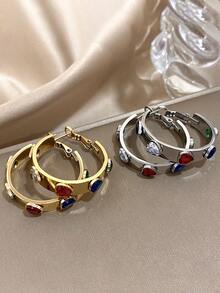 1 对复古彩色锆石耳环心形环状耳环女士不锈钢耳环适合日常聚会生日珠宝礼物 - 彩色 - 查看 8