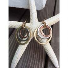 Handmade Sunrise Three Color Dangle Drop Earrings - Polished Circle, Copper, Brass And Silver Plated