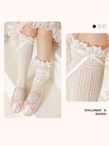 1 Pair Lace Edge Ankle Length Socks, Hollow Out Calf High Socks With Bowknot, Lolita Ballet Style, Thin Fabric, Spring/Summer