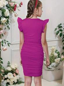 迷人褶饰方领紧身连衣裙，适合女孩，春夏派对休闲连衣裙礼物 - 玫紅色 - 查看 3