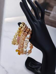 Pulsera multi-capa de estilo bohemio con cuentas, impresión de cerámica y cristal, pulsera elástica de cuentas adecuada como regalo del Día de San Valentín para la pareja, vacaciones, citas, regalo de joyería, para combinar con atuendos diarios - Café - Ver 2