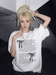 日系女式宽松圆领休闲百搭印花短袖T恤，春夏白色 - 白色 - 查看 2