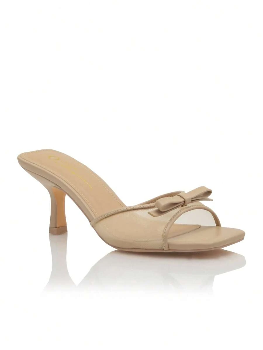 网眼蝴蝶结高跟凉鞋 - 米色 - 查看 1
