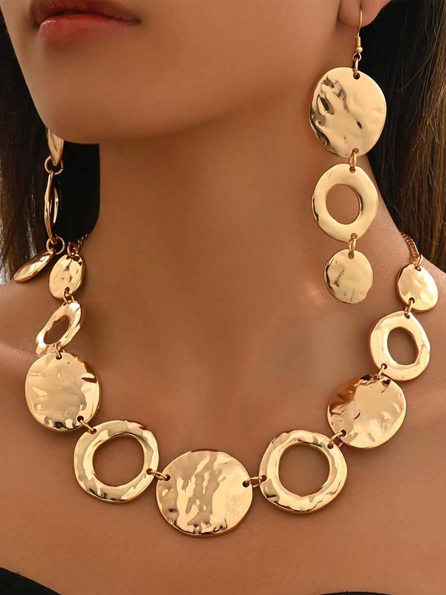 3pcs/Set Geometric Fashionable Versatile Elegant Metal Choker Necklace & Earrings Jewelry Set